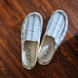 Hey Dude Blue and White Striped Loafers